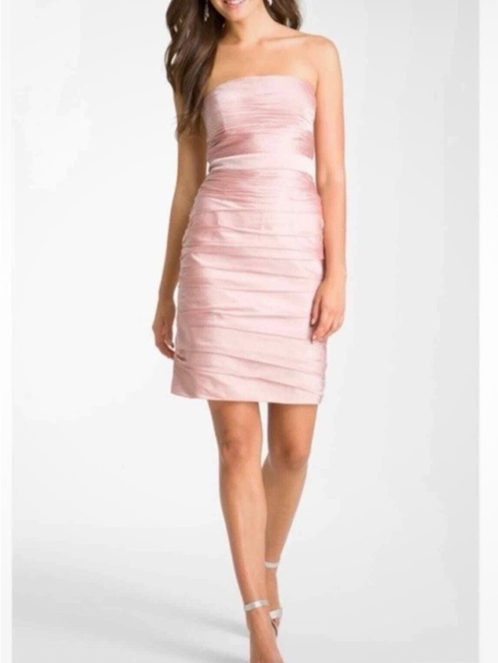 Monique Lhuillier Bridesmaids Strapless Ruched Dress in Blush Pink